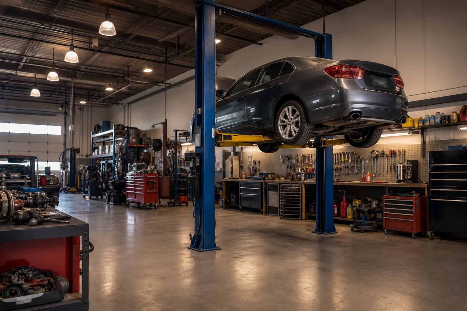 Car engine belts and pulleys in the shop bay